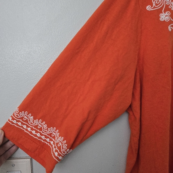 Woman Within 2X Tunic Top Embroidered Boho Scoop Neck Orange Elbow Sleeve Flowy - Picture 4 of 11
